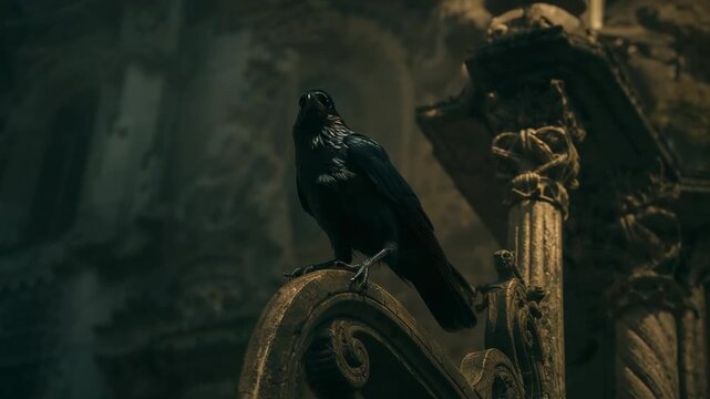 Noticing movement black crow shifting posture and cawing in Gothic hall on metal perch, copy space