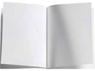 Open blank book isolated on transparent background, ideal for design presentations and publishing mockups.