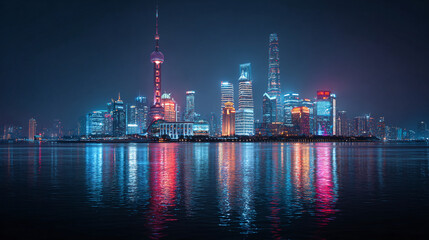 A stunning cityscape illuminated at night, with reflections in the water below. The image showcases tall skyscrapers and vibrant lights, creating a captivating visual