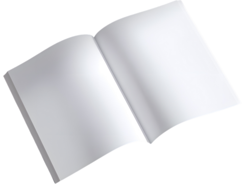 Open blank book isolated on transparent background, ideal for design presentations and publishing mockups.