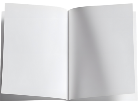 Open blank book isolated on transparent background, ideal for design presentations and publishing mockups.