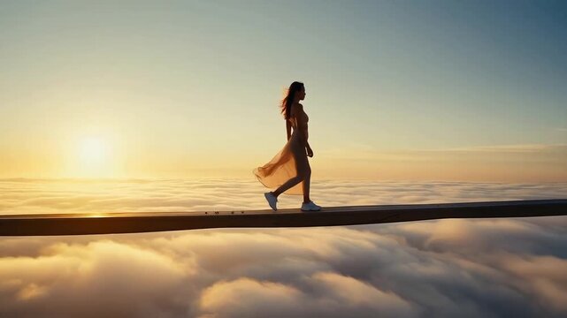 Overcoming of Fears. A beautiful young woman walks across a thin bridge above the clouds, overcoming her fear of heights.