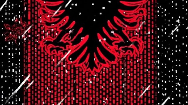 A red stylized eagle with a geometric brick pattern and scattered white dots on a black background