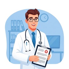 Smiling male doctor holding a clipboard in a medical office illustration.