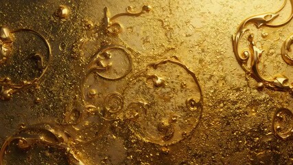 Revealing gold surface forming scroll-like filigree patterns in studio macro with rising bubbles - Powered by Adobe