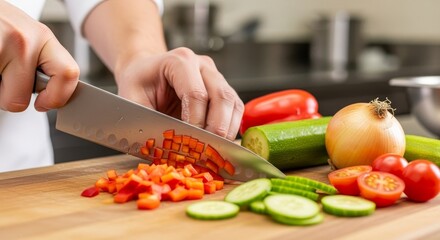 Chef meticulously chops vibrant red bell peppers for a fresh, healthy culinary creation, surrounded by ripe tomatoes and crisp vegetables.