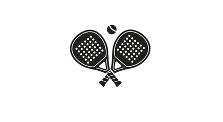 Two crossed padel rackets with a ball above them in a black and white illustration.