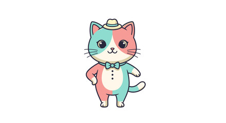 Cartoon cat with hat and bow tie, split pink and blue.