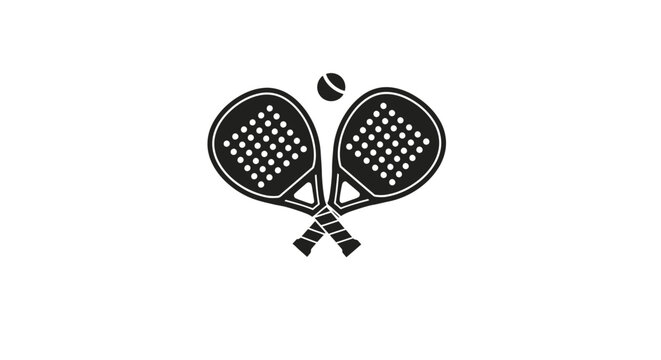 Two crossed padel rackets with a ball above them in a black and white illustration.
