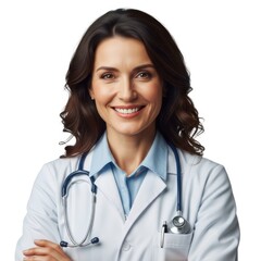 Friendly female doctor in lab coat, smiling confidently at camera.