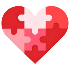 Red puzzle pieces forming a heart shape isolated on transparent background, symbolizing unity and love.