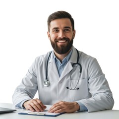 Confident male doctor smiling, sitting at desk with stethoscope
