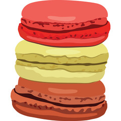 Stack of Three Round French Macarons With Red Yellow And Brown Colors Isolated On White Background