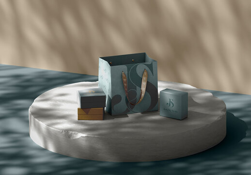 Jewelry Boxes and Bag on Stone Pedestal Mockup