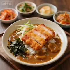 Japanese Chicken Katsu Curry with Rice and Vegetables on Wooden Table