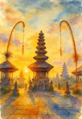 Galungan and kuningan poster design in watercolor painting style.