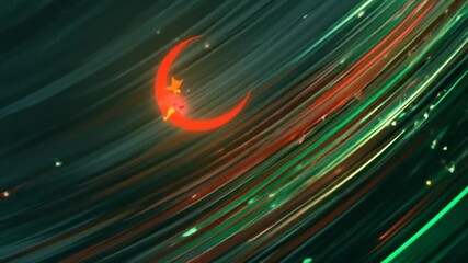Animated image of a red crescent moon with character, starry night, flowing lines - Powered by Adobe