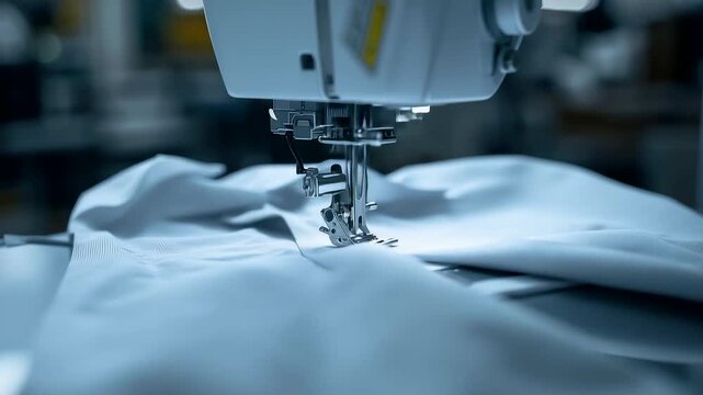 Industrial Sewing Machine Stitching White Fabric in Garment Factory Production Line