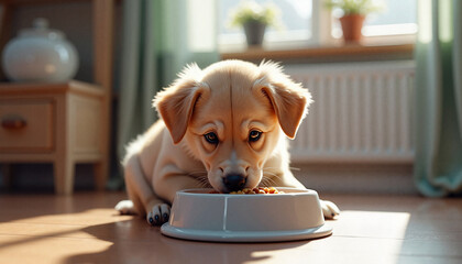  Puppy eating from bowl on wooden floor.