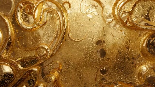 Opening sequence showing golden filigree loops morphing in plane, with lifting droplets and shards