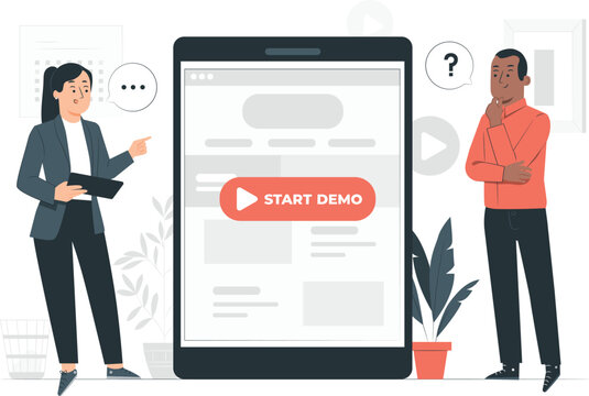 Business people discussing website demo on large tablet screen woman