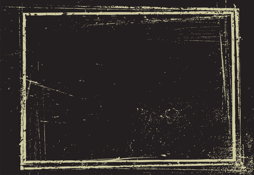 Distressed beige square frame with grunge texture on dark background with scattered speckles and scratches