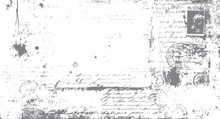 Obraz premium Distressed vintage handwritten letter with postage stamps and ink splatters in grey and white handwriting