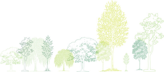 Obraz premium Collection of stylized green trees and foliage in various sizes and shapes with detailed outlines and textured fills on a white background. Architectural Drawings
