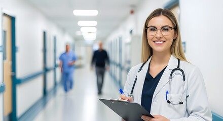Smiling female doctor in a hospital hallway with a stethoscope and a clipboard