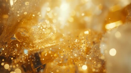 Camera focusing on amber-gold liquid swirling with micro-particles in mist showing highlights - Powered by Adobe