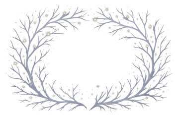Winter branches frame forming wreath, glowing lights, decorative border creating magical atmosphere on transparent background