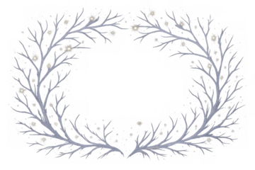 Winter branches frame forming wreath, glowing lights, decorative border creating magical atmosphere on transparent background