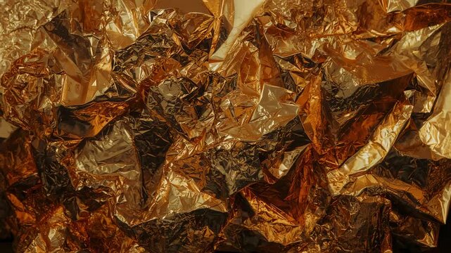 Shifting light revealing crumpled gold metallic foil in macro view, highlighting textured creases