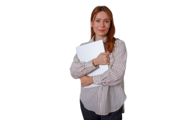 Redhead businesswoman smiling, holding a laptop, representing technology, communication, and business solutions