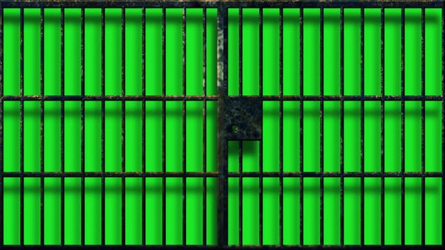 An old, rusty, prison gate with shadow, opens and closes in a chromakey background. 4K