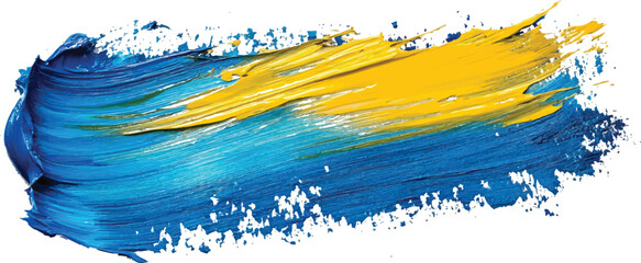 Thick textured brush stroke of vibrant blue and bright yellow oil paint on white background abstract