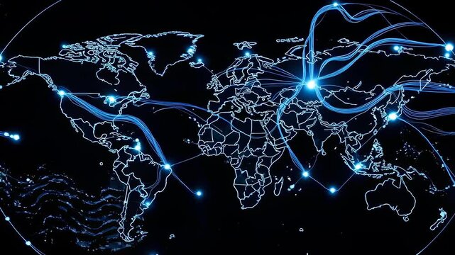 Digital World Map Illuminated With Blue Lights Connecting Global Cities On Black Background