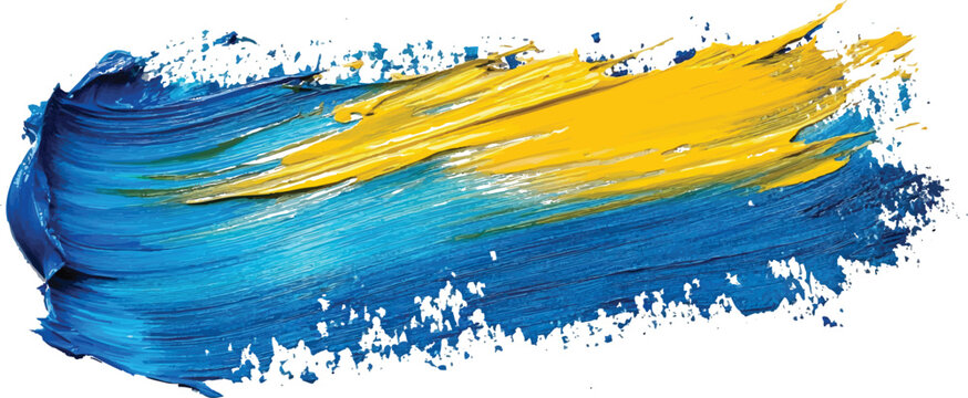 Thick textured brush stroke of vibrant blue and bright yellow oil paint on white background abstract