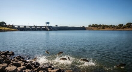 Fish Jumping near Dam in Lake for Conservation Awareness, Environmental Protection Campaigns, River Restoration Projects, Ecology Blogs, and Educational Materials