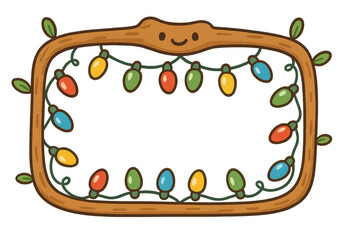 Kawaii cartoon branch frame with christmas lights and plant leaves for holiday season greetings