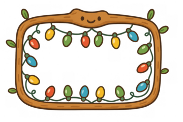 Kawaii cartoon branch frame with christmas lights and plant leaves for holiday season greetings
