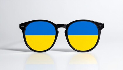 “Black-framed sunglasses with lenses displaying Ukrainian flag in blue and yellow against white background”