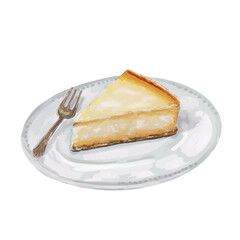 piece of cheesecake on a plate illustration retro with watercolor style, newyork cheese cake illustration for cafe menu design
