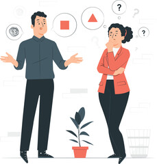 Confused man and woman discussing with thought bubbles and question marks confusion misunderstanding