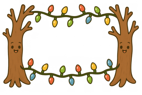 Kawaii smiling trees framing festive illumination with colorful christmas string light bulbs, transparent background