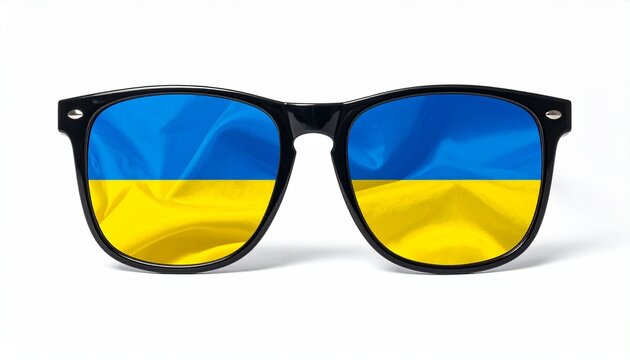 “Black-framed sunglasses with lenses displaying Ukrainian flag in blue and yellow against white background” - Powered by Adobe
