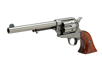 Isolated Antique Western Revolver with Ornate Engravings and Wooden Handle for Firearms Use