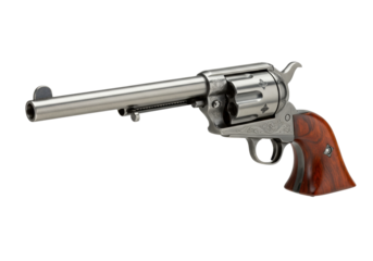 Isolated Antique Western Revolver with Ornate Engravings and Wooden Handle for Firearms Use