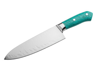 Isolated chef's kitchen knife with cyan handle for cooking and food preparation, professional equipment