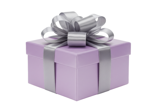 Isolated lavender gift box with gray ribbon and bow, present for special occasion or holiday